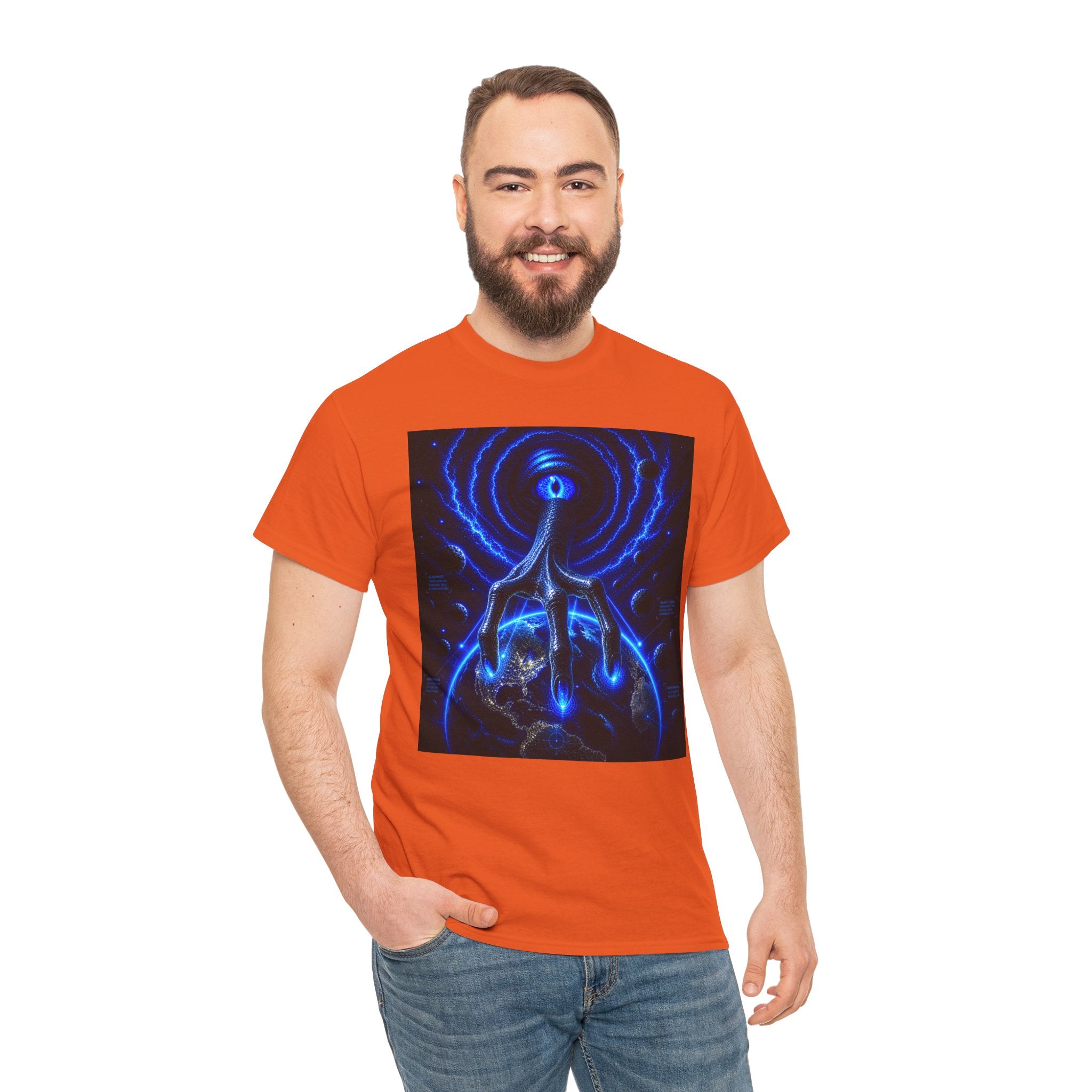 Sci Fi Cosmic Alien Hand T Shirt – Neon Blue Vision Graphic Tee