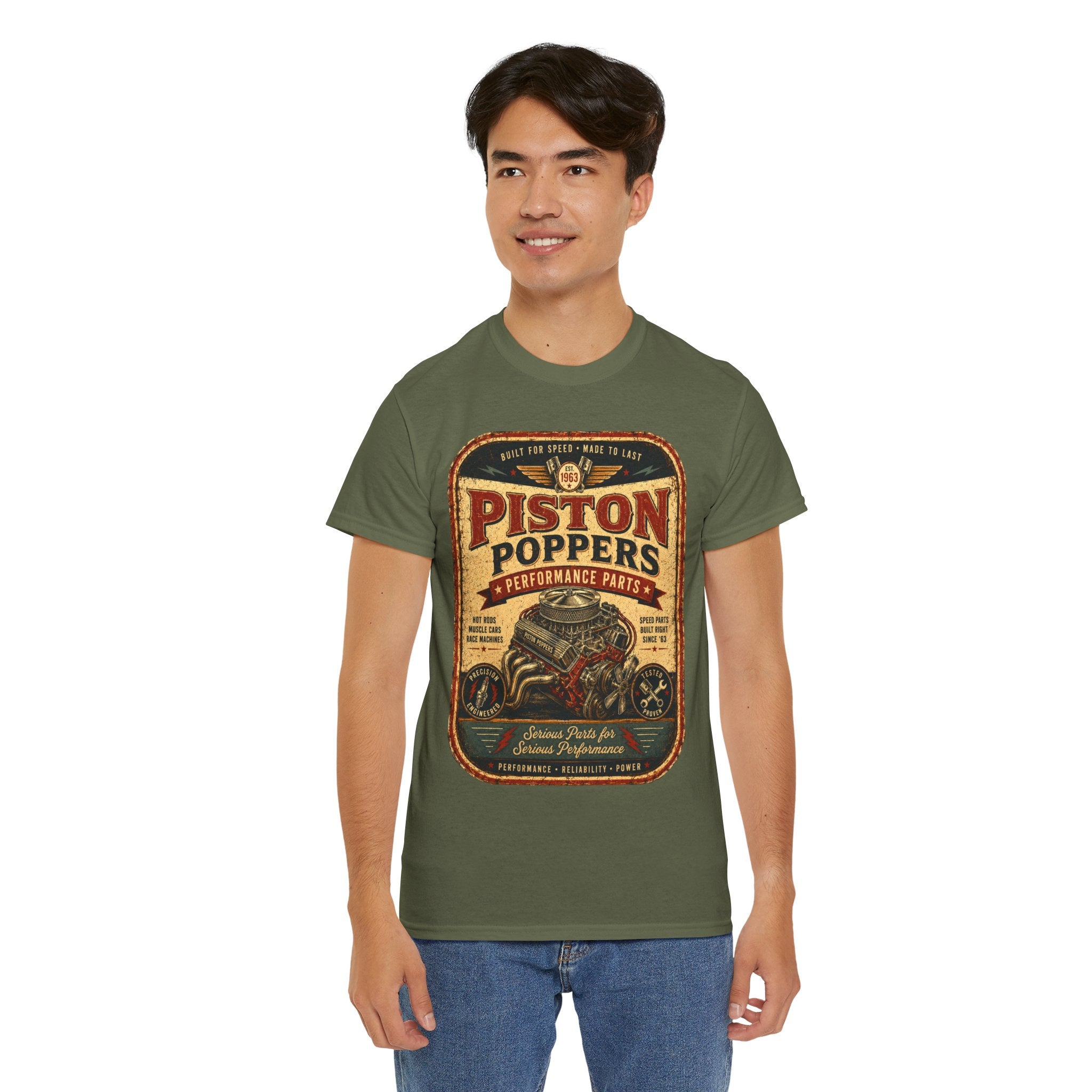 Piston Poppers Vintage Car T-Shirt – Retro Hot Rod Mechanic Graphic Tee for Car Enthusiasts