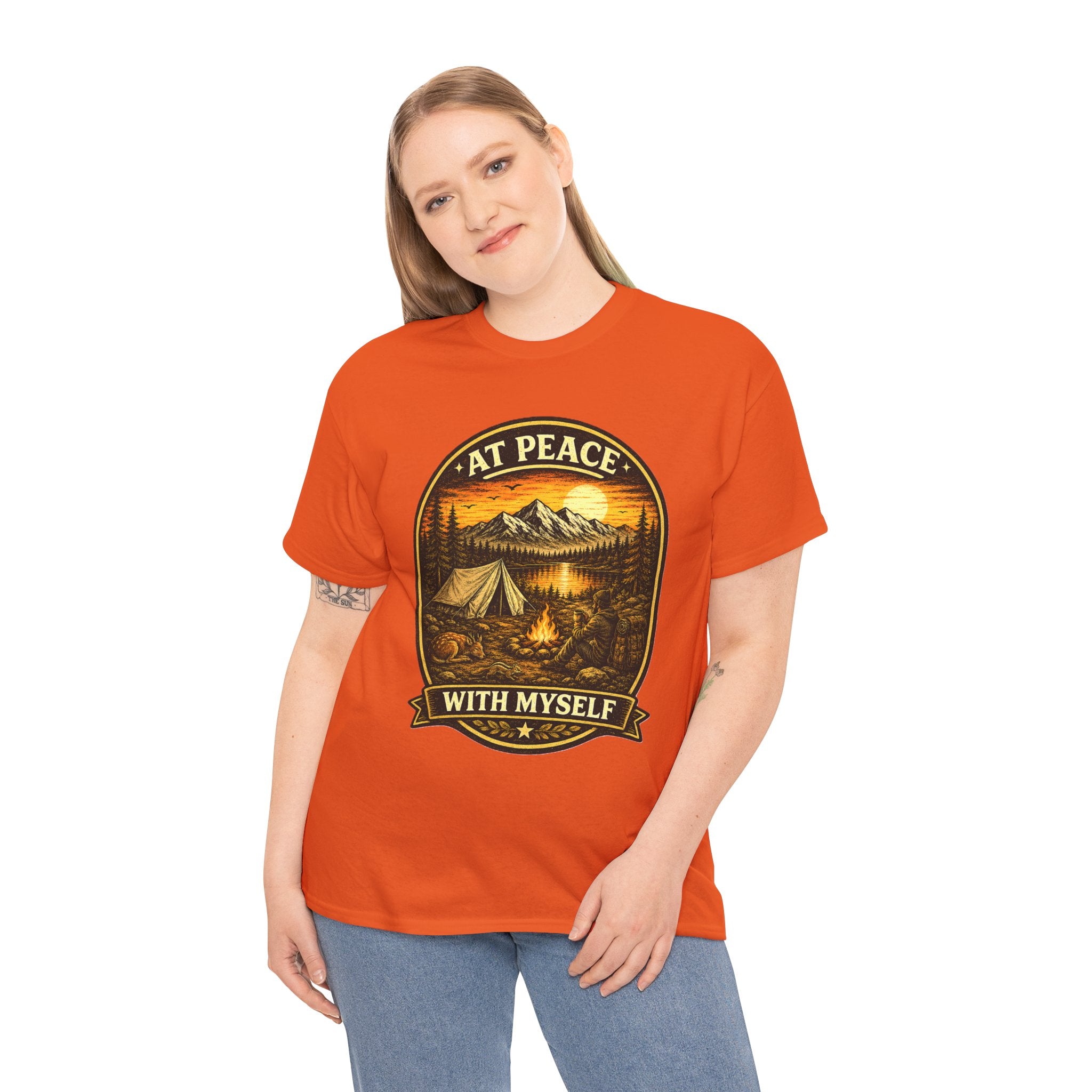At Peace With Myself Camping T Shirt – Vintage Mountain Campfire Outdoor Graphic Tee