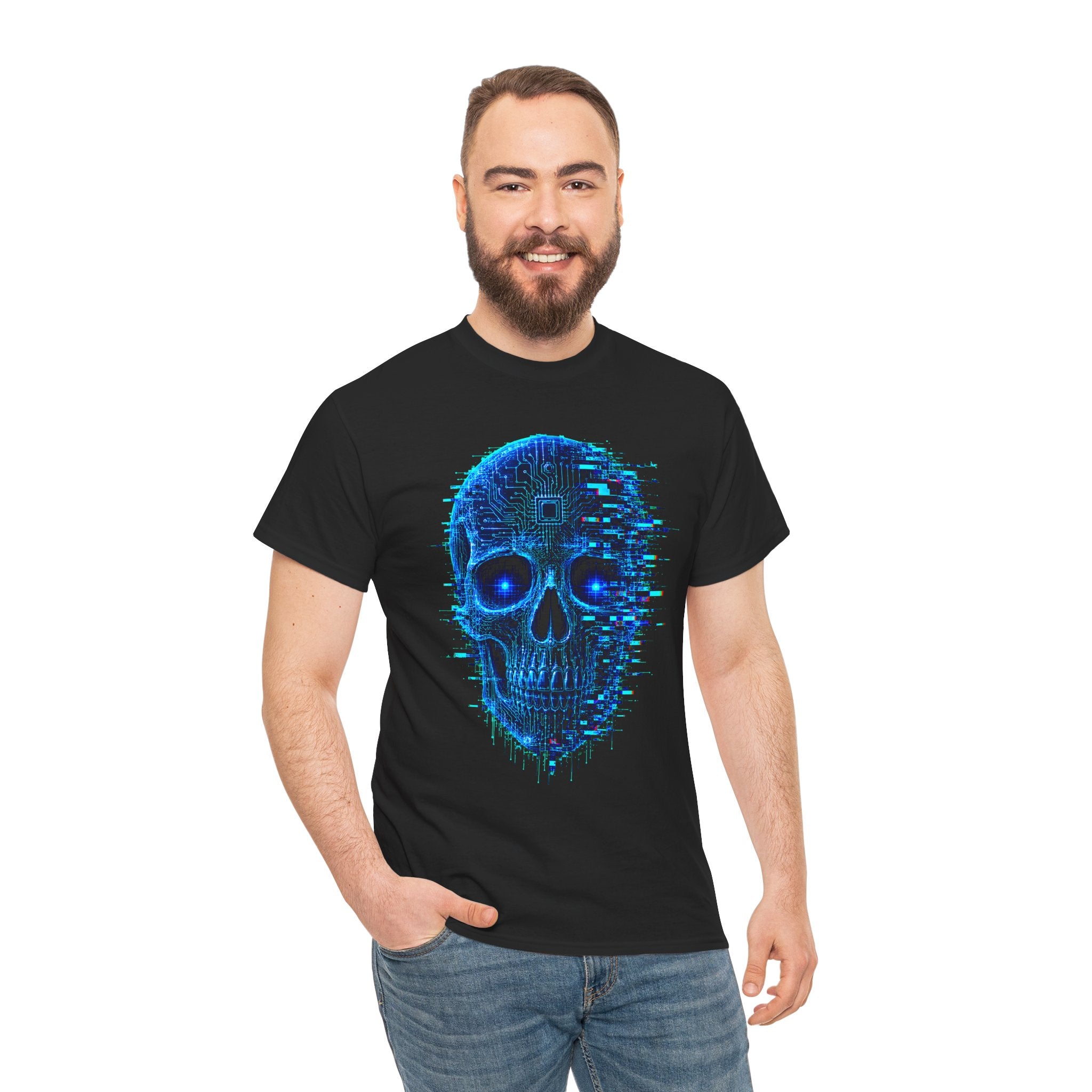 Glitched Skull Cyberpunk Graphic T-Shirt | WildOrbit