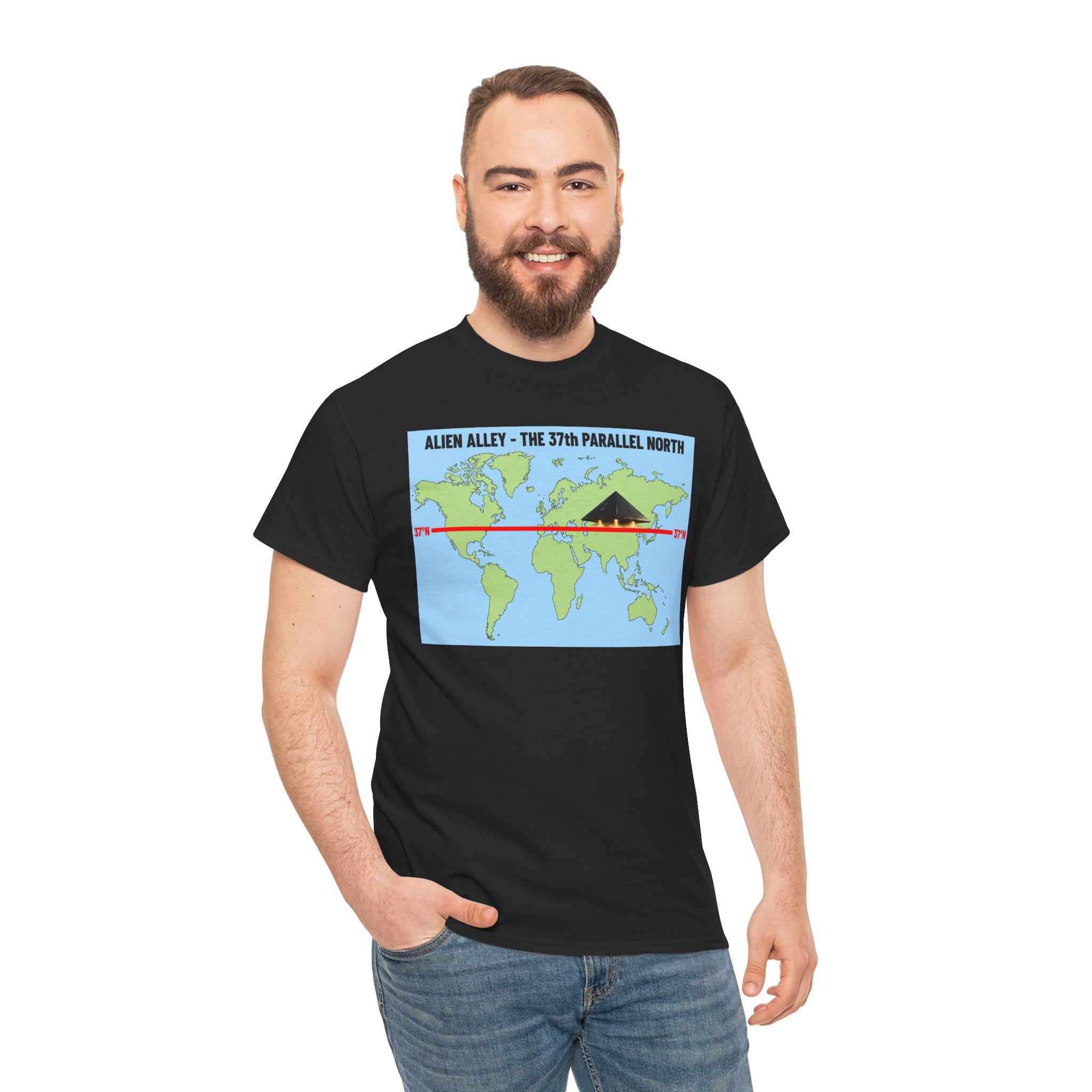 Alien Alley 37th Parallel North T-Shirt – Ancient Aliens UFO World Map Graphic Tee