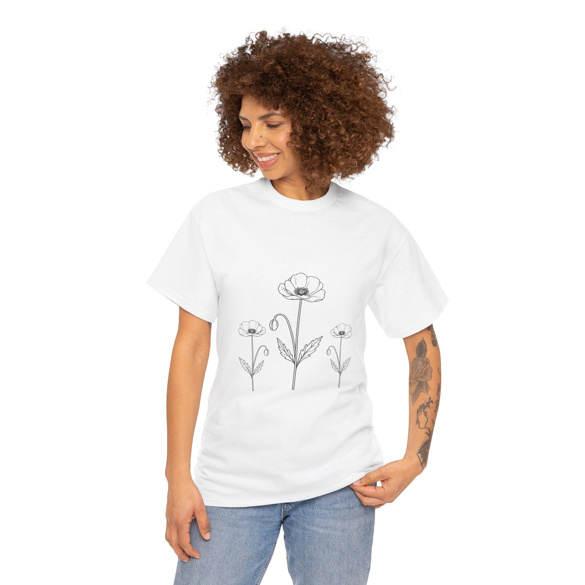 Minimal Poppy Triple Flower Line Art T Shirt – Elegant Botanical Floral Graphic Tee