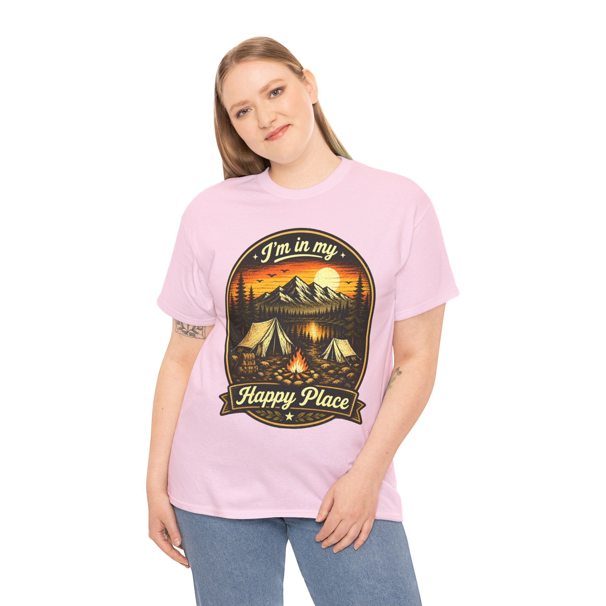 I’m In My Happy Place Camping T Shirt – Vintage Campfire Graphic Tee for Hikers & Outdoor Lovers