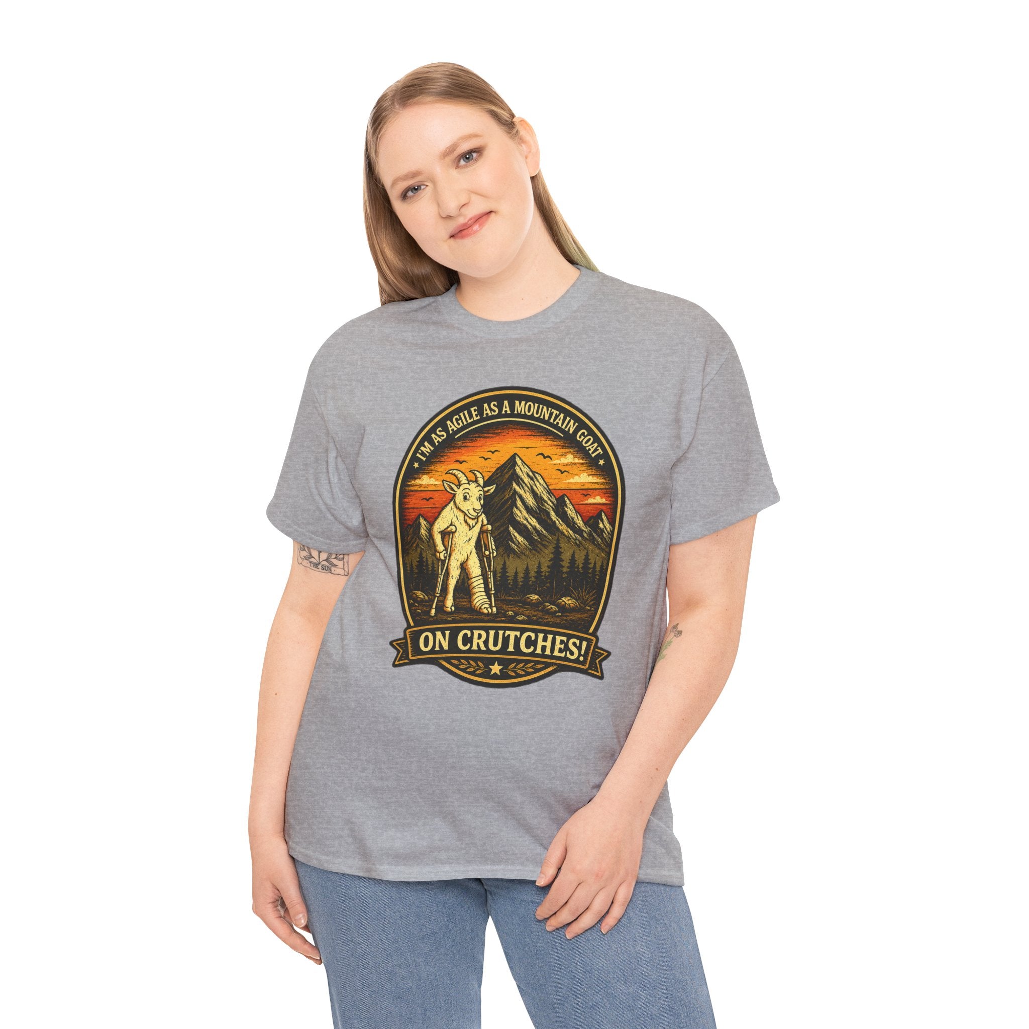 Funny Mountain Goat On Crutches Retro T Shirt – Hiking Recovery Graphic Tee for Campers & Outdoor Lovers