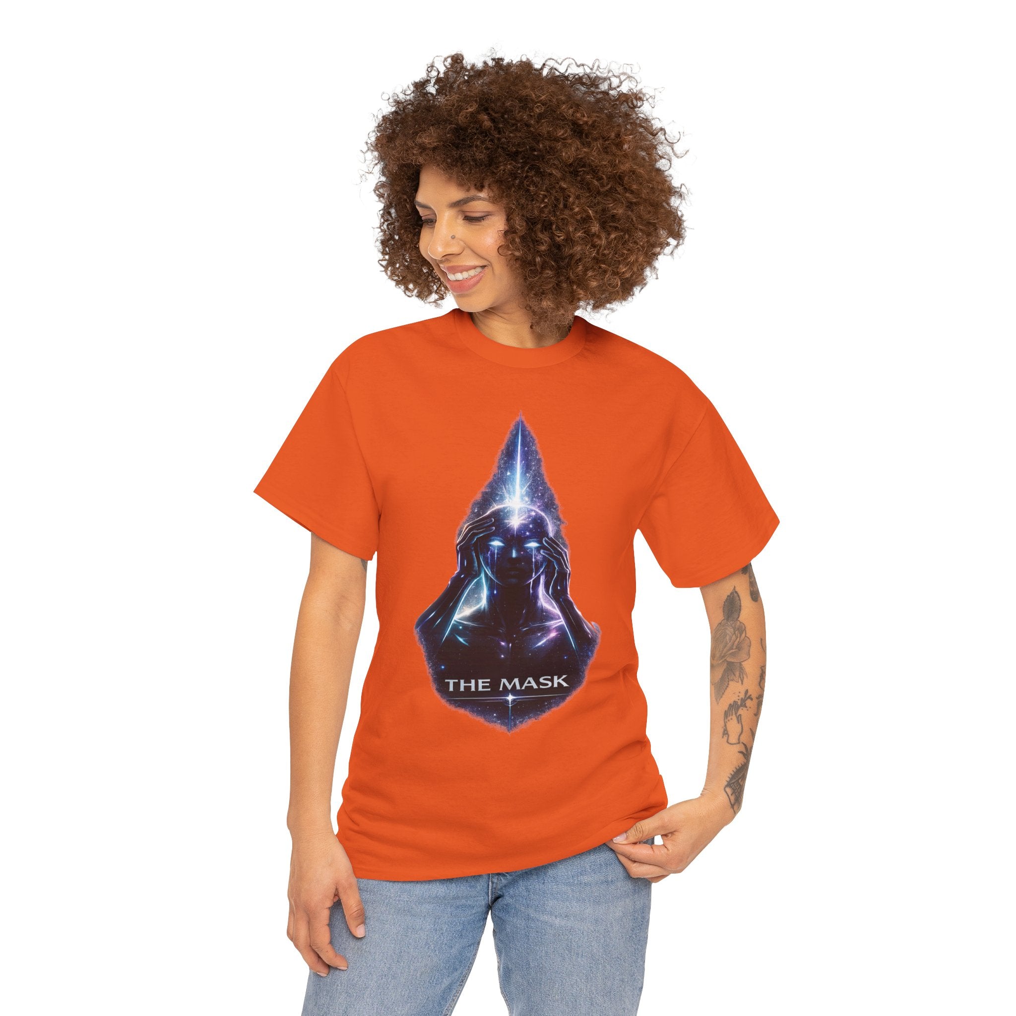 The Mask Cosmic Graphic T Shirt – Mystical Hooded Figure Spiritual Streetwear Tee