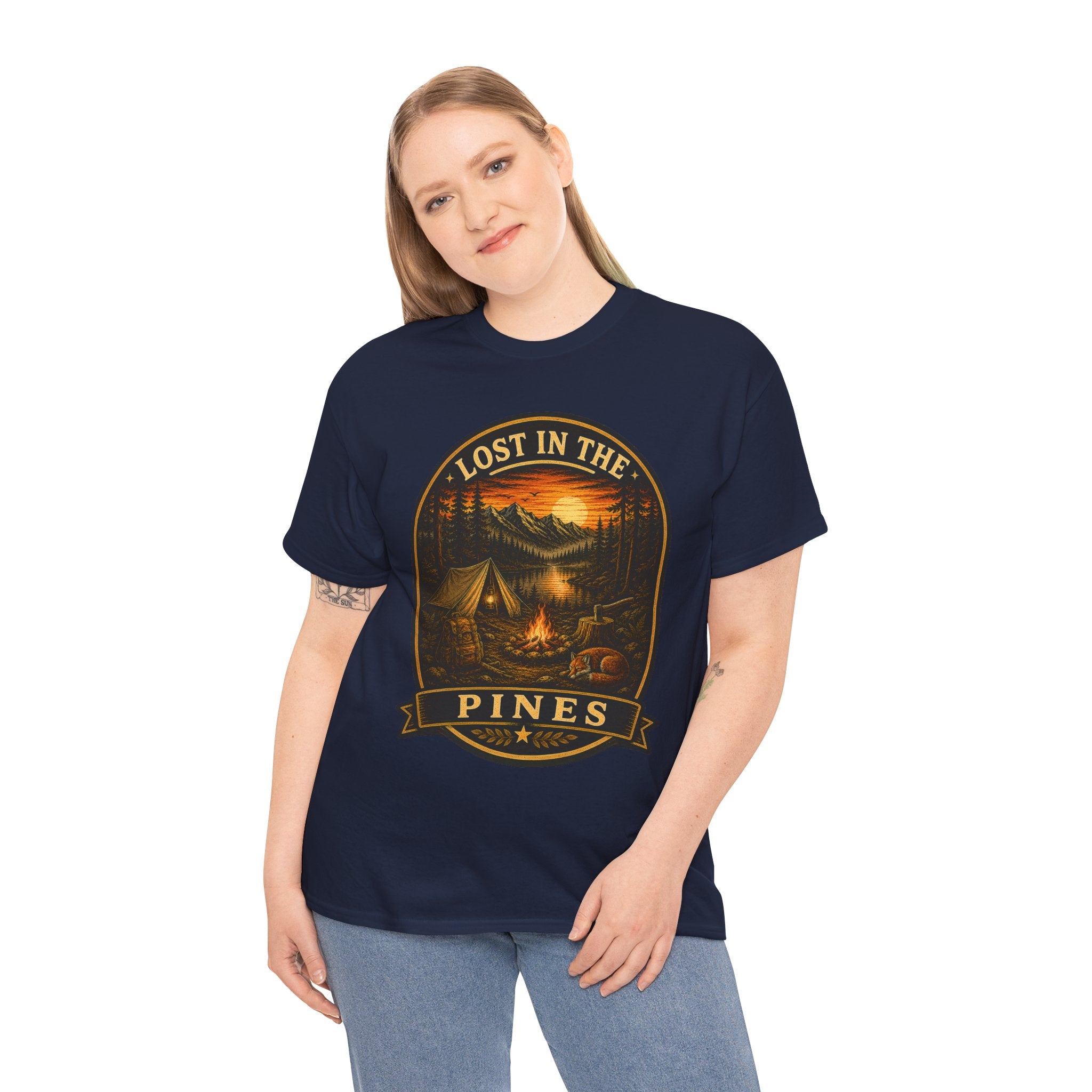 Lost in the Pines Camping T Shirt – Vintage Campfire Mountain Outdoor Graphic Tee