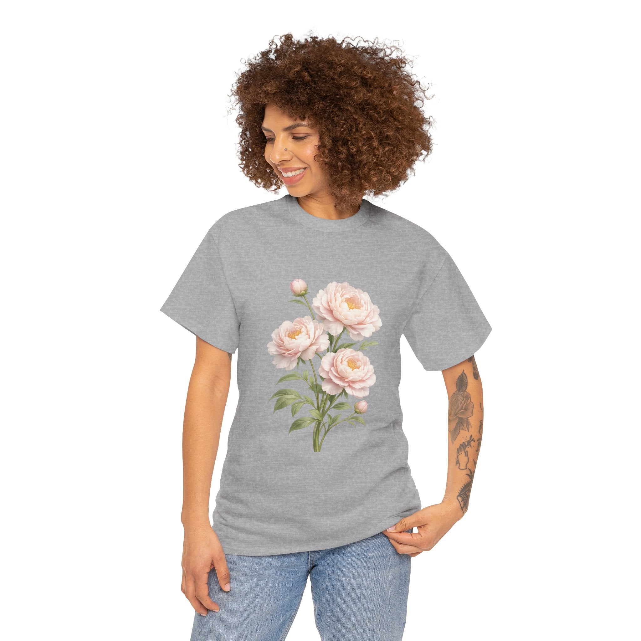 Soft Pink Peony Flower T-Shirt – Vintage Botanical Floral Graphic Tee for Women