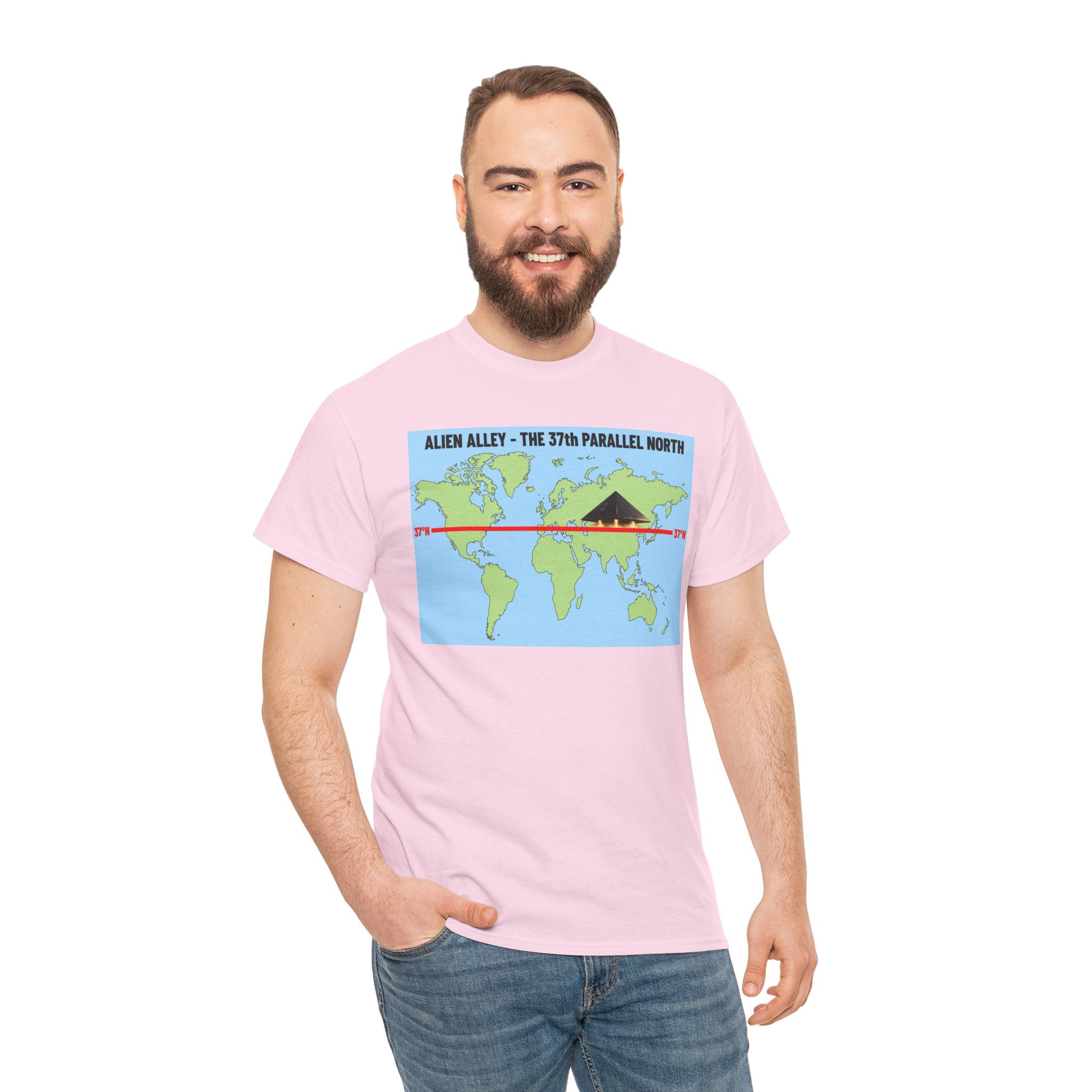 Alien Alley 37th Parallel North T-Shirt – Ancient Aliens UFO World Map Graphic Tee