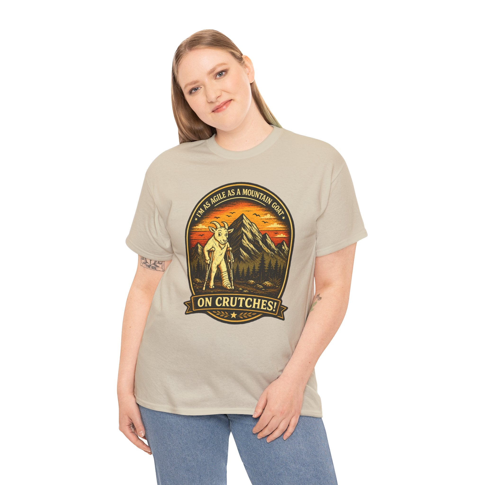 Funny Mountain Goat On Crutches Retro T Shirt – Hiking Recovery Graphic Tee for Campers & Outdoor Lovers
